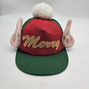Christmas Elf Merry Hat Cap Snap Back One Size Green Red Pom Pom Ears Glitter